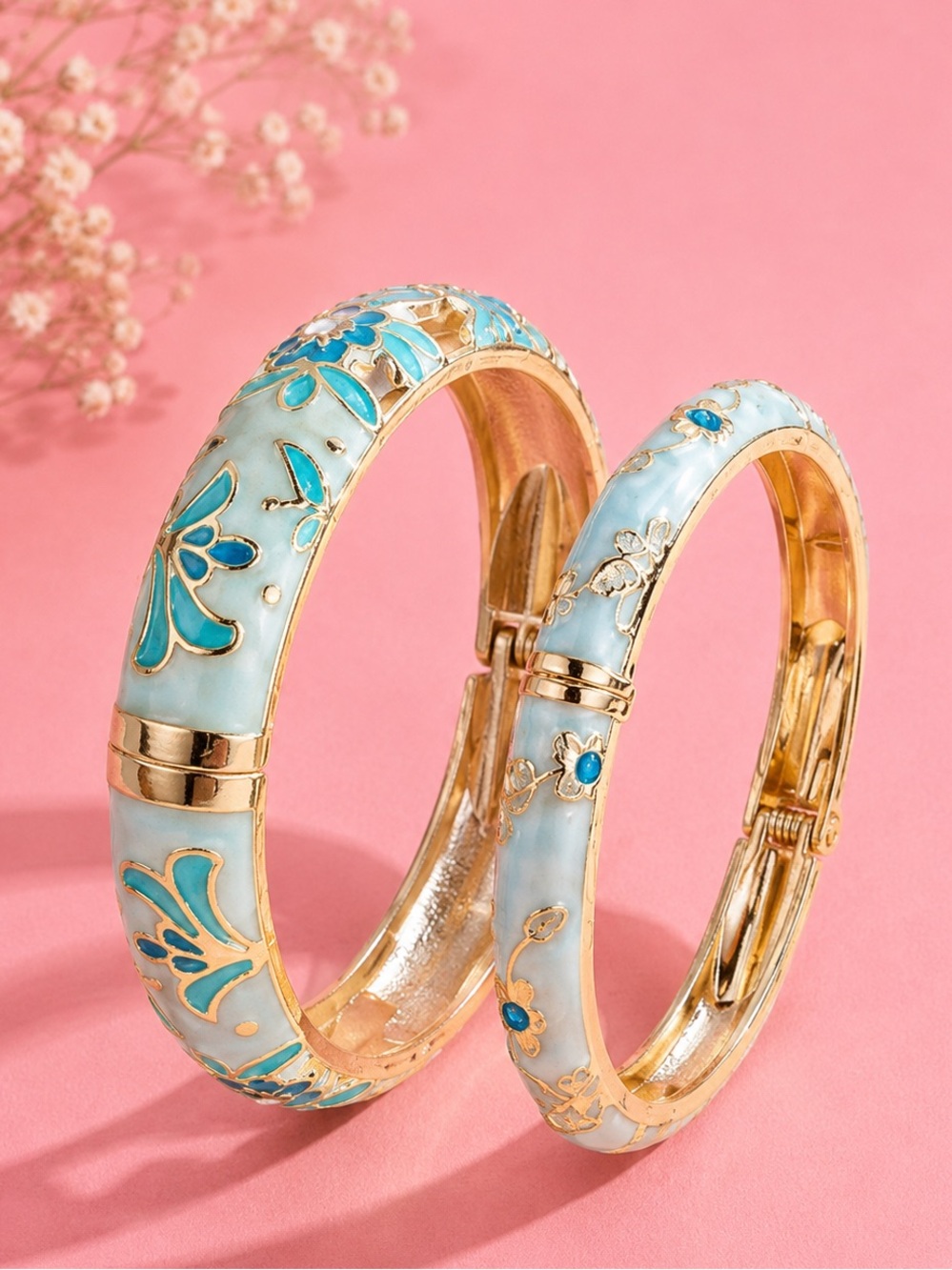 Romantic Gold Floral Enamel Bangle Bracelet Set